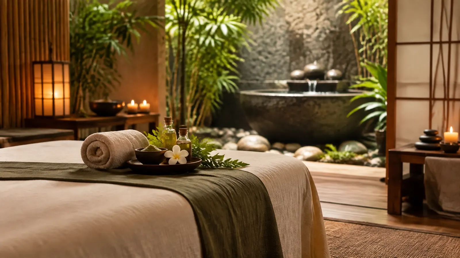 A calm treatment room with rolled towels, botanicals, candles, and a garden fountain